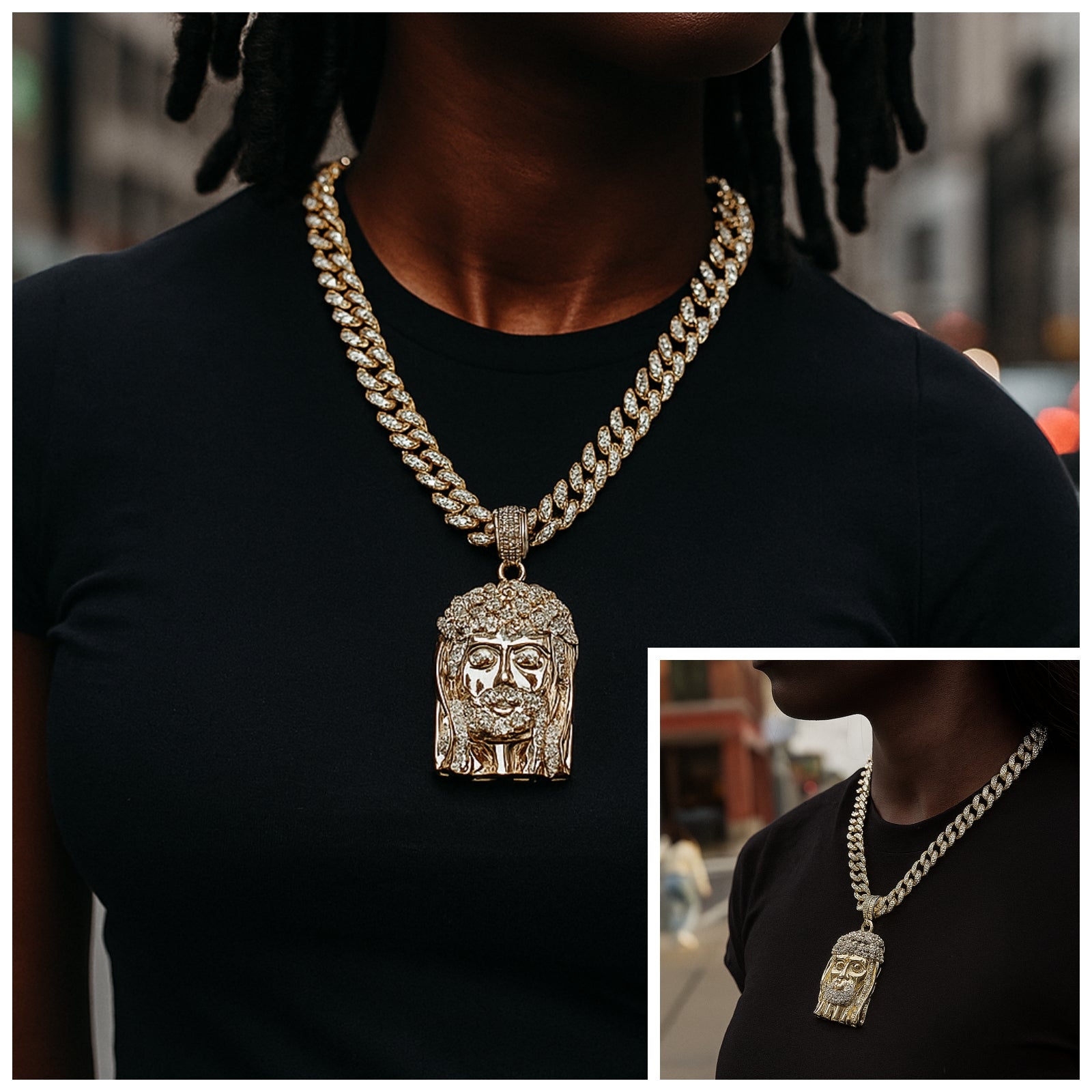 Crown Bearded Jesus Pendant & Iced Cuban CZ Chain Necklace – Hip Hop Jewelry for Men – 18"-24" – Perfect for Daily Wear and Special Occasions