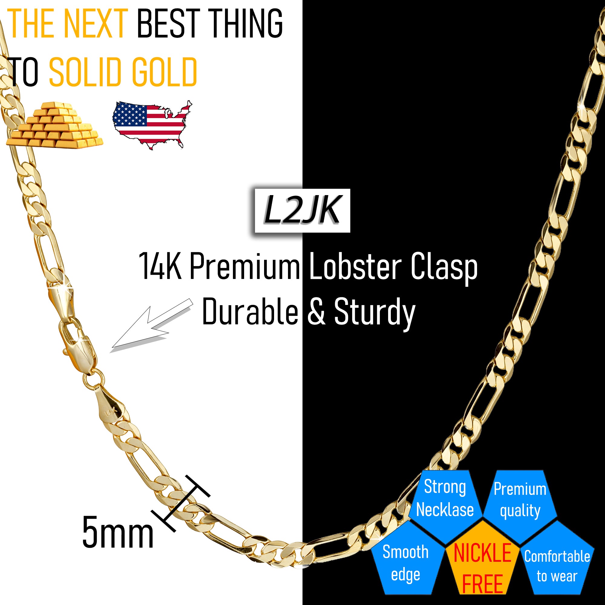 5 MM/24" FIGARO LINK CHAIN NECKLACE SLIM 14K REAL GOLD FILLED