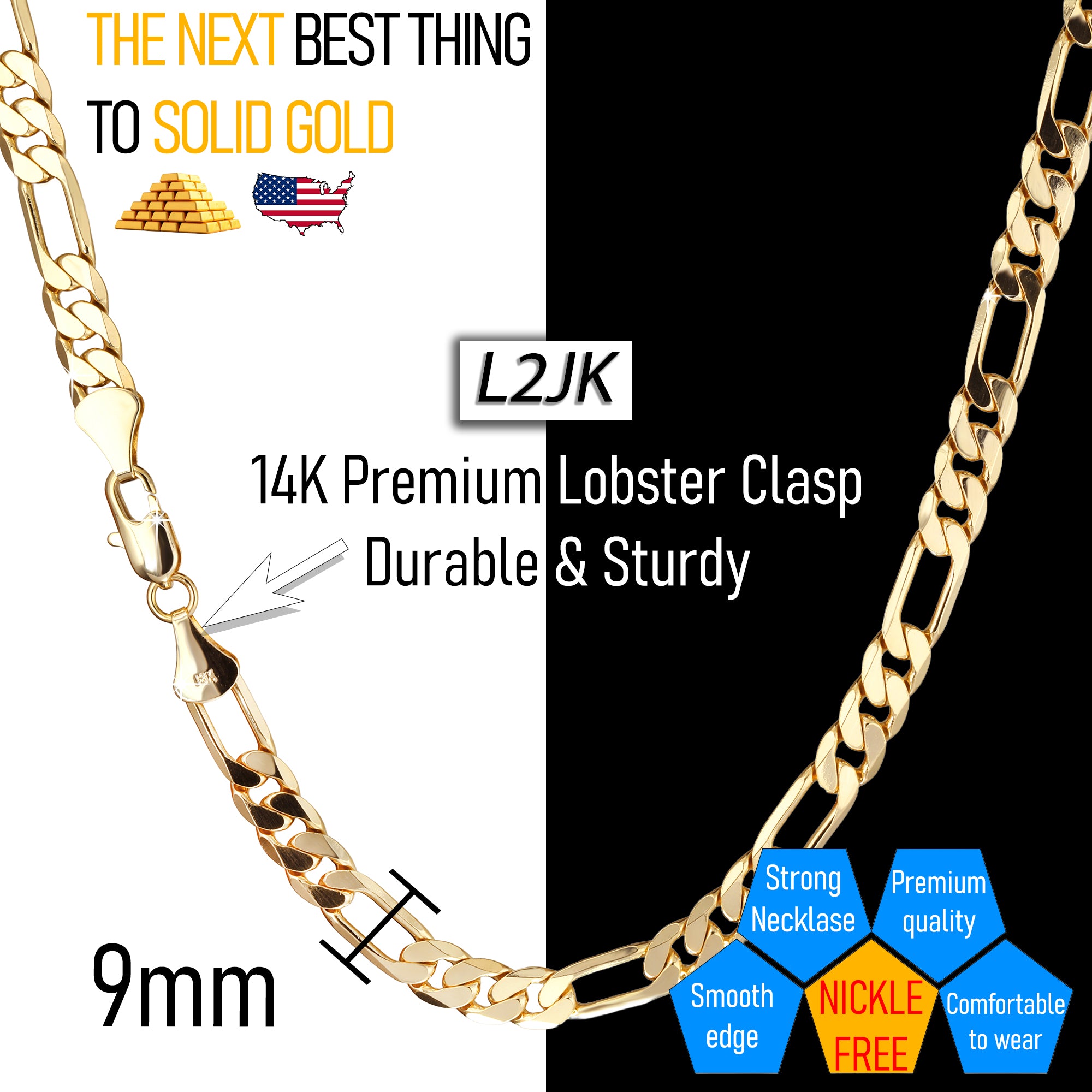 9 MM/24" FIGARO LINK CHAIN NECKLACE 14K REAL GOLD FILLED