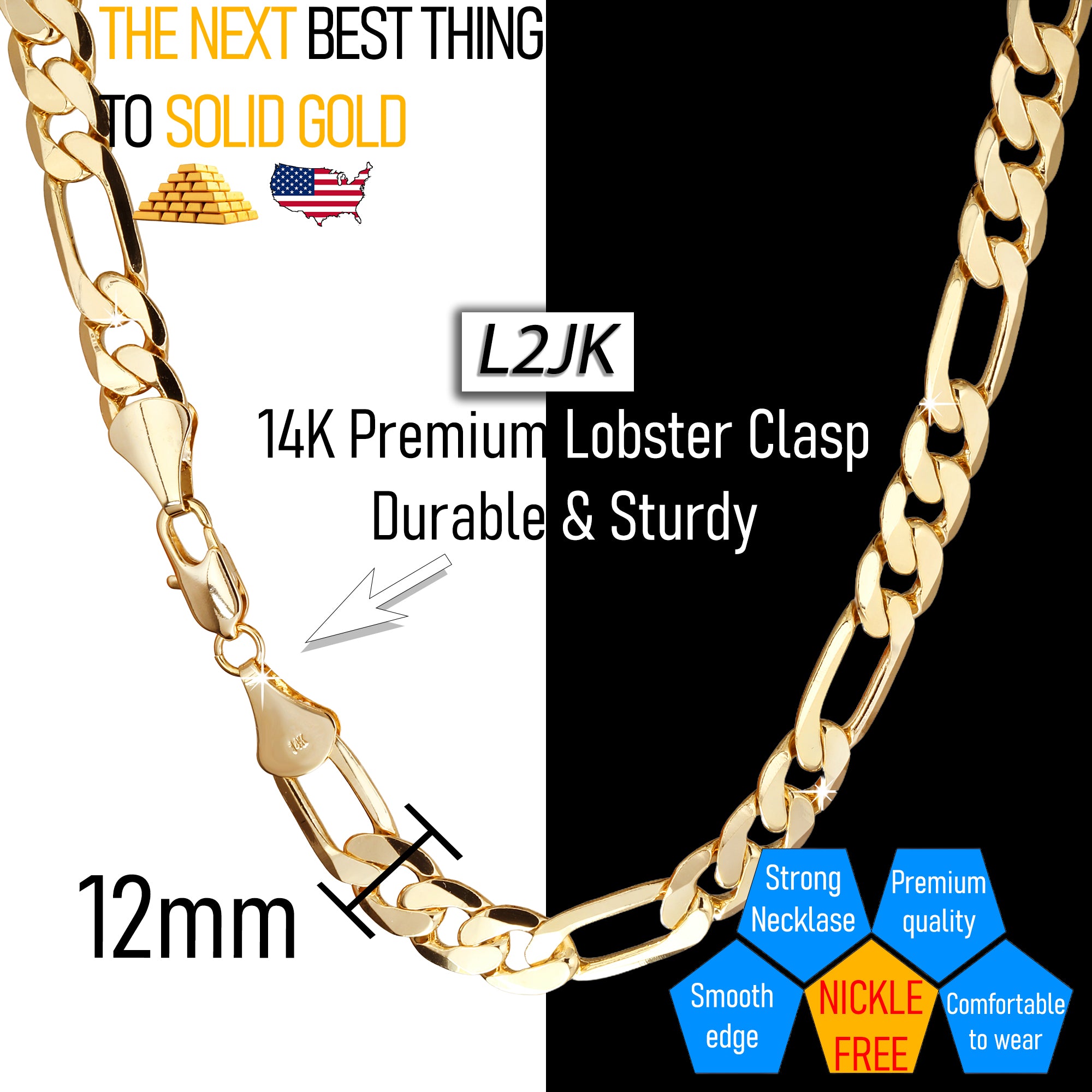 12 MM/24" FIGARO LINK CHAIN NECKLACE 14K REAL GOLD FILLED