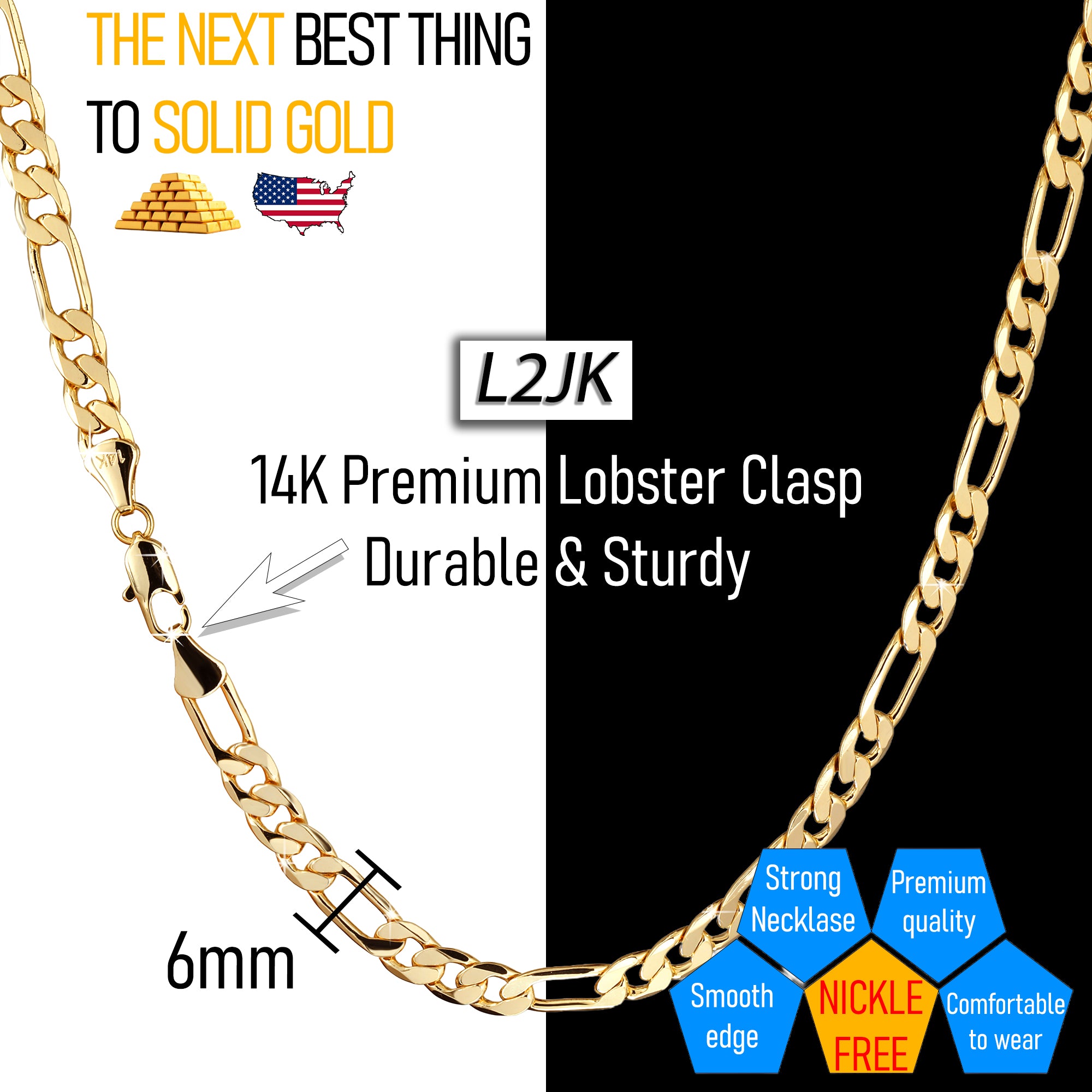 6 MM/18" FIGARO LINK CHAIN NECKLACE SLIM 14K REAL GOLD FILLED