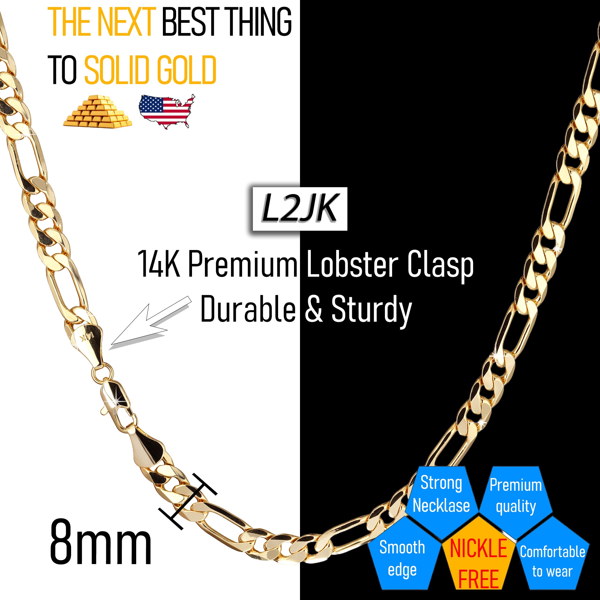 8 MM/24" FIGARO LINK CHAIN NECKLACE 14K REAL GOLD FILLED