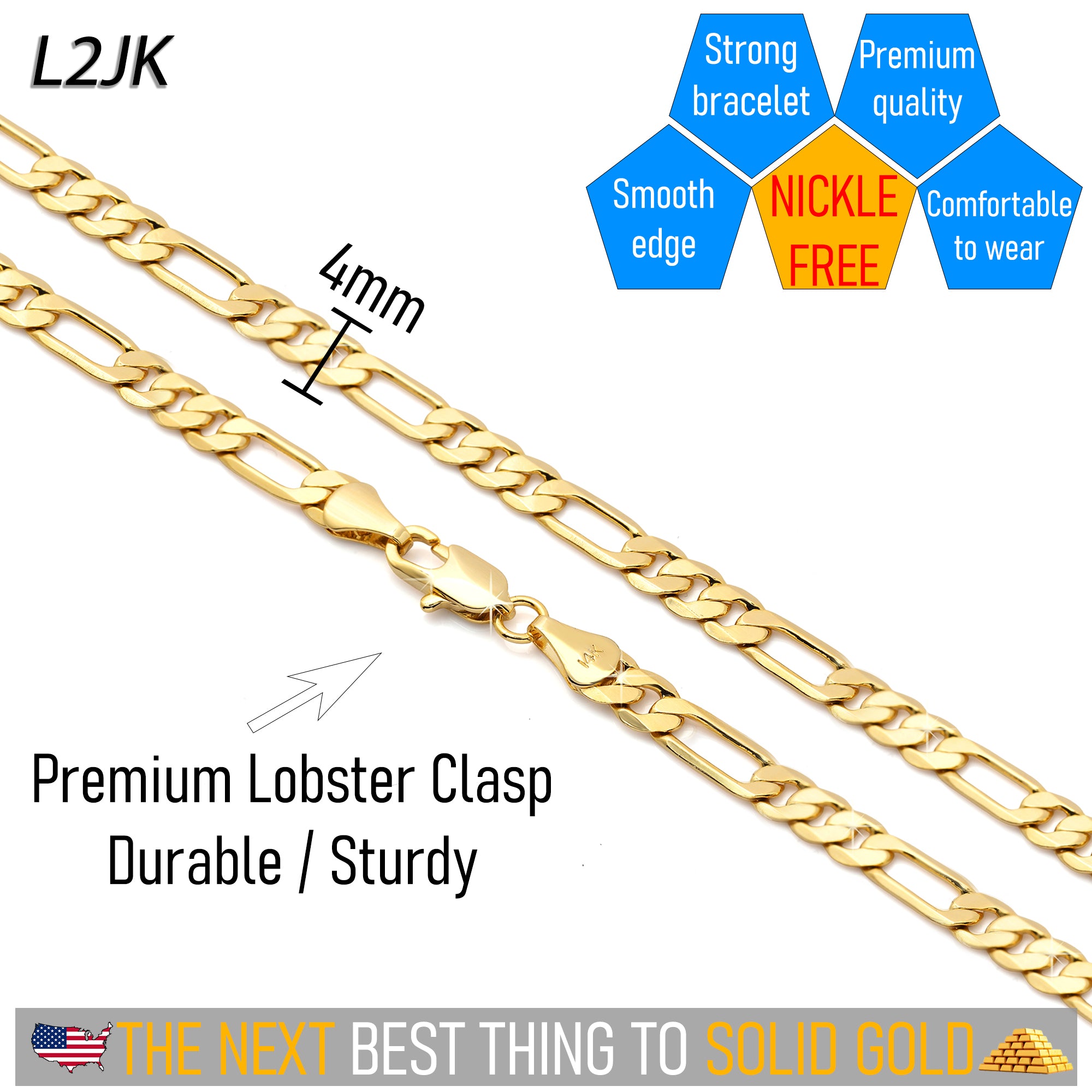 4 MM/18" FIGARO LINK CHAIN NECKLACE SLIM 14K REAL GOLD FILLED