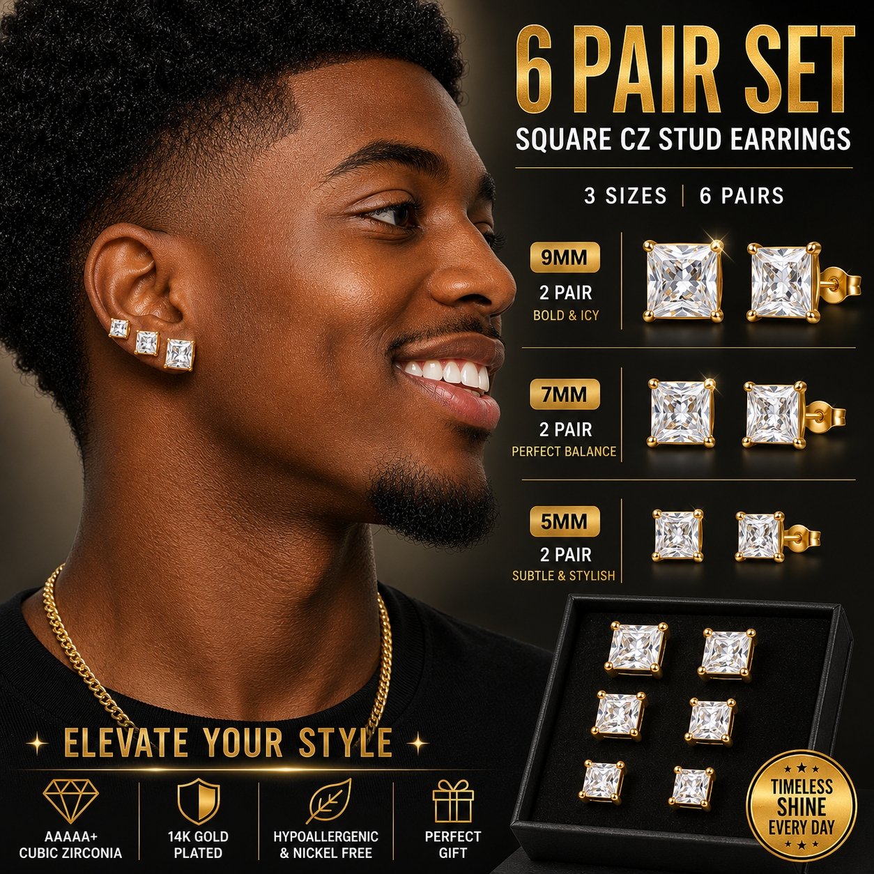 72 Pairs GOLD SQUARE CZ Stud Earrings Set | Hypoallergenic 316L Surgical Steel | 7MM & 9MM Cubic Zirconia Earrings for Men & Women (Copy) (Copy)