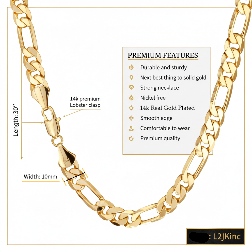 10 MM/30" FIGARO LINK CHAIN NECKLACE SLIM 14K REAL GOLD FILLED