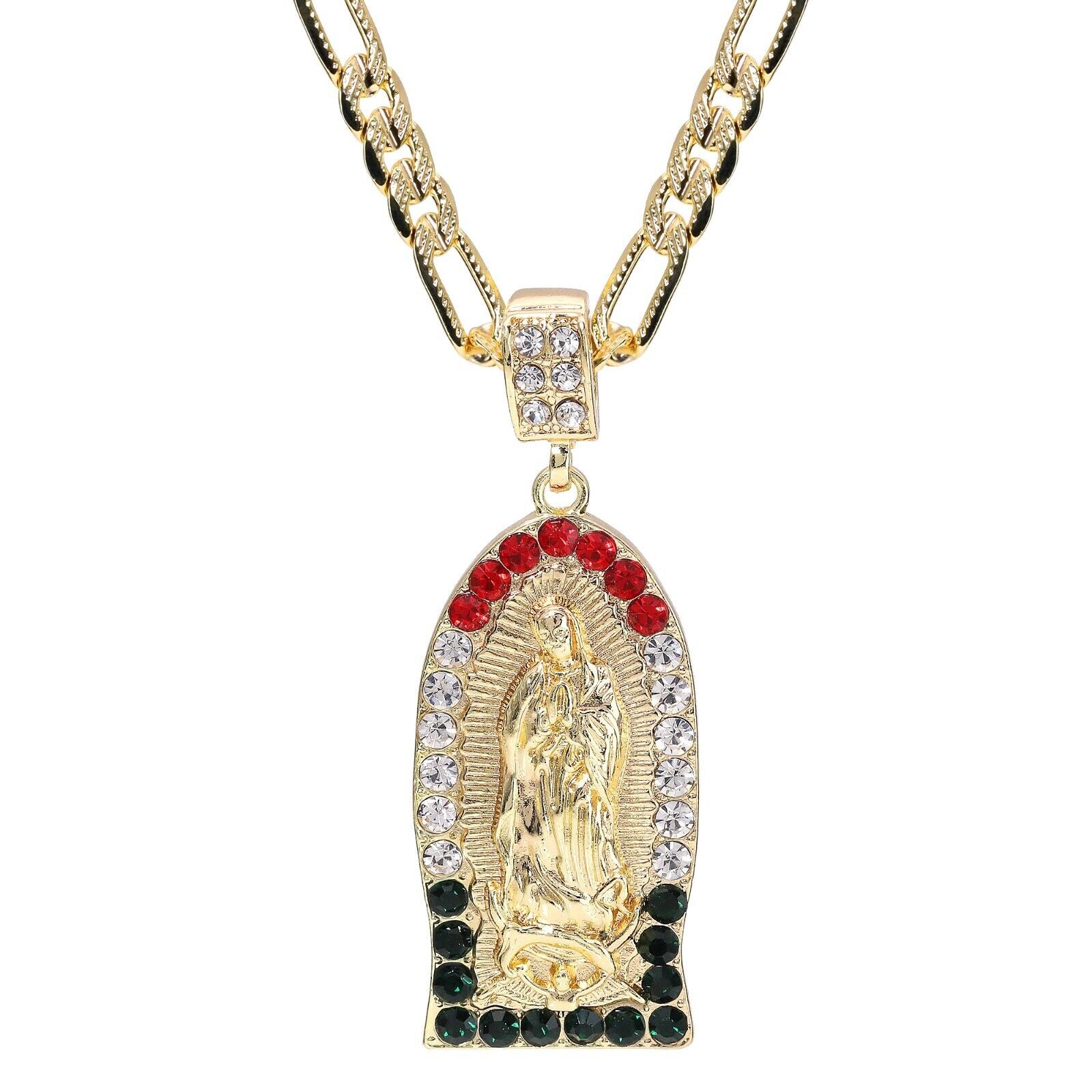 Oval Flat Bottom Mexican Guadalupe Pendant Cubic Zirconia Frost Figaro 24" Gold Plated