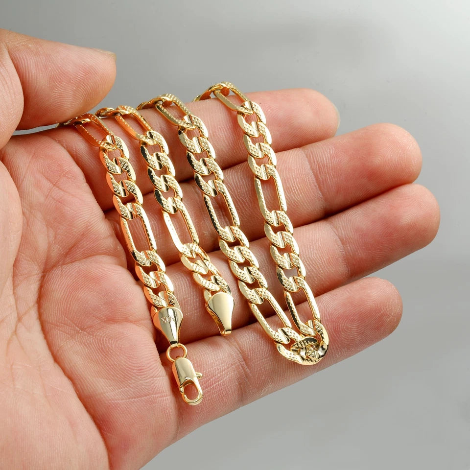 FROSTED 7 MM/24" FIGARO LINK CHAIN NECKLACE 14K REAL GOLD FILLED