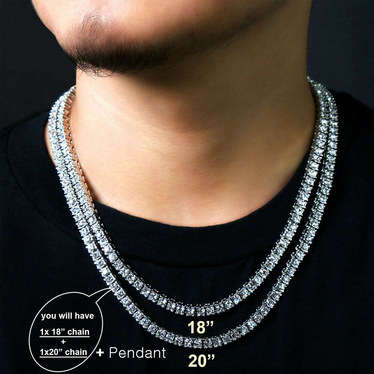 White GOLD TENNIS CHAIN 18" 20" Gun Pendant Bundle