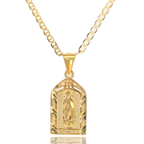 Temple Virgin Mary Pendant Mariner Chain 20" Gold Plated