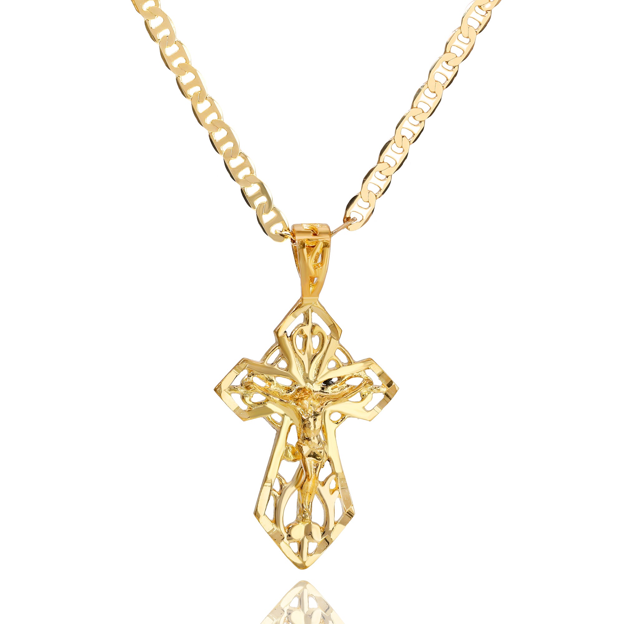 Sharp Cross Pendant Mariner Chain 20" Gold Plated