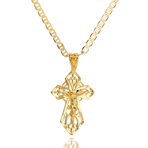 Sharp Cross Pendant Mariner Chain 20" Gold Plated