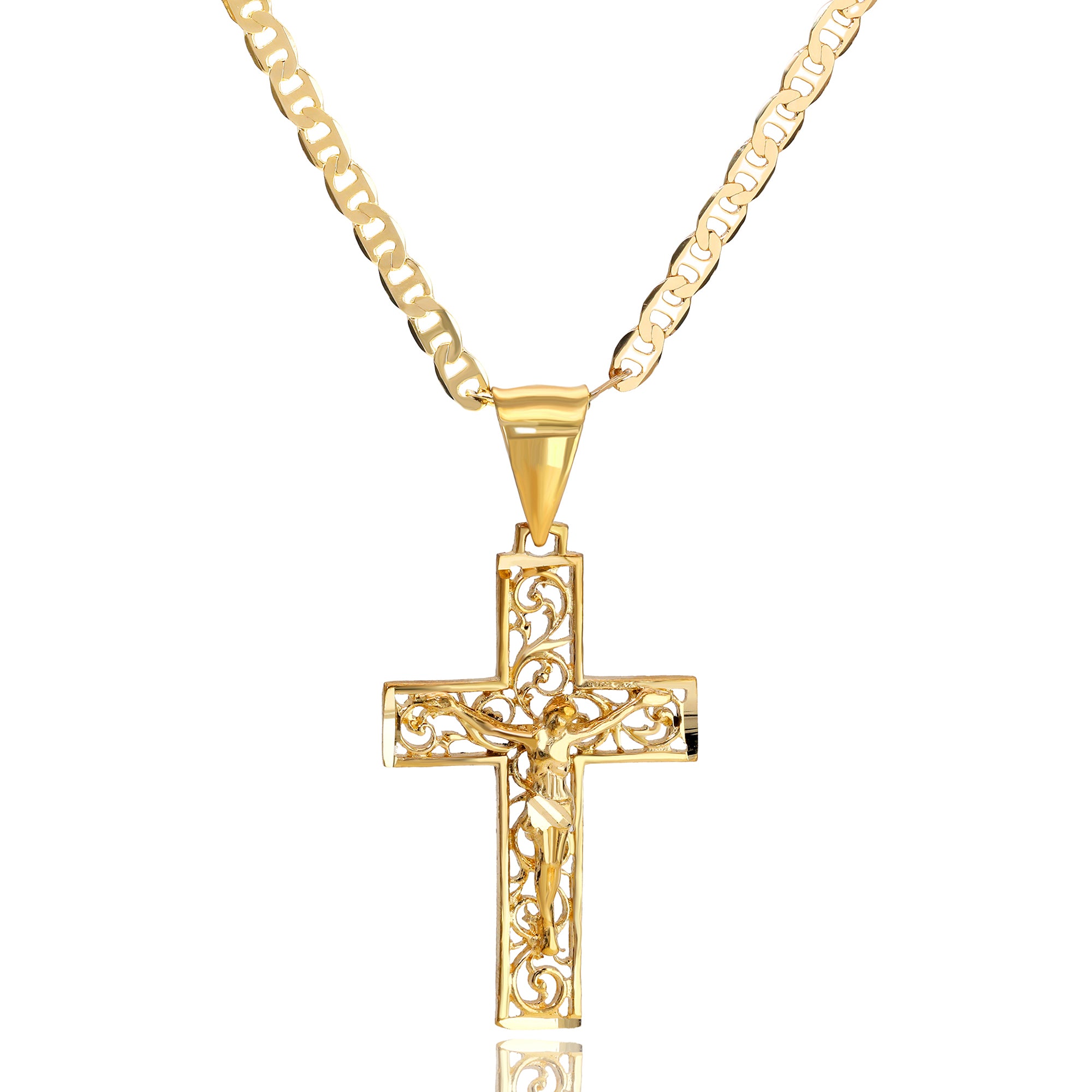 Hollow Cross Pendant Mariner Chain 20" Gold Plated
