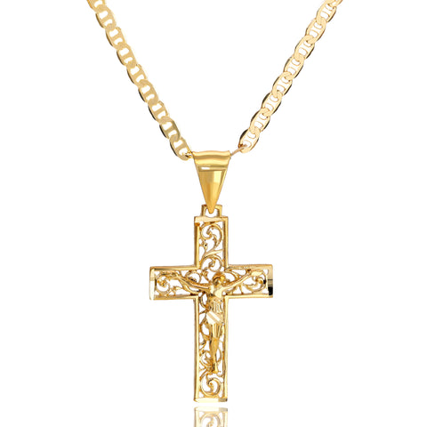 Hollow Cross Pendant Mariner Chain 20" Gold Plated