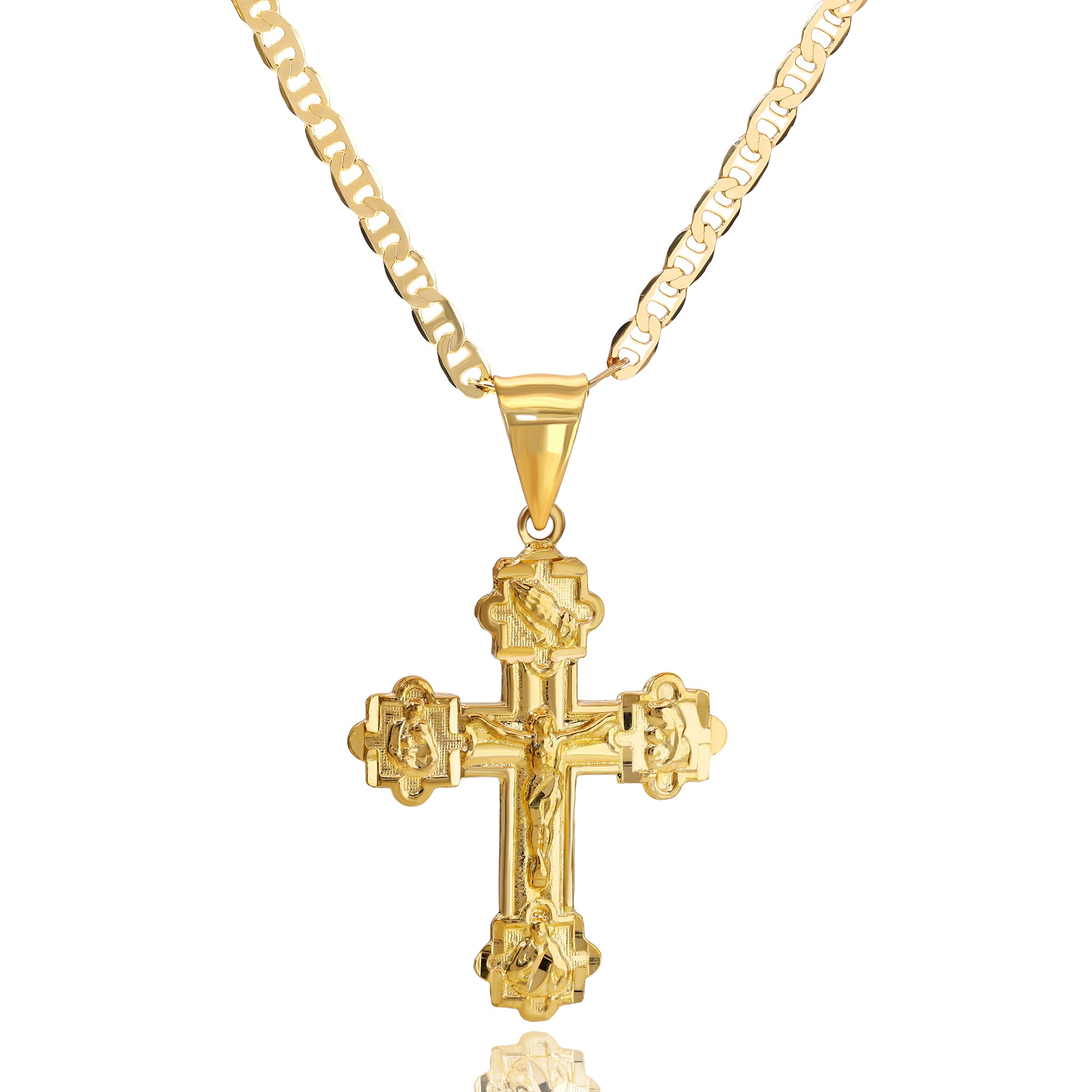 Prayer Cross Pendant Mariner Chain 14k Gold Plated