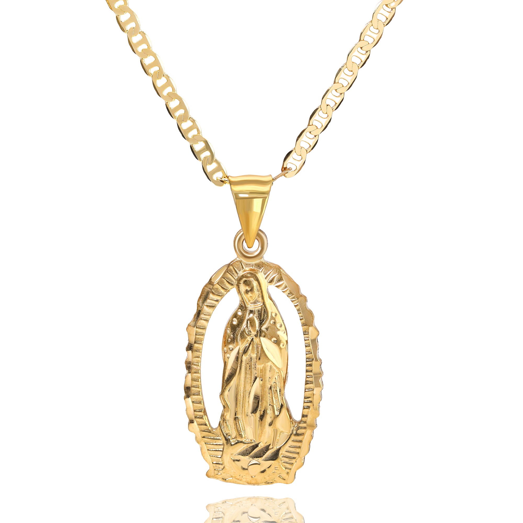 Hollow Virgin Guadalupe Pendant Mariner Chain 20" Gold Plated