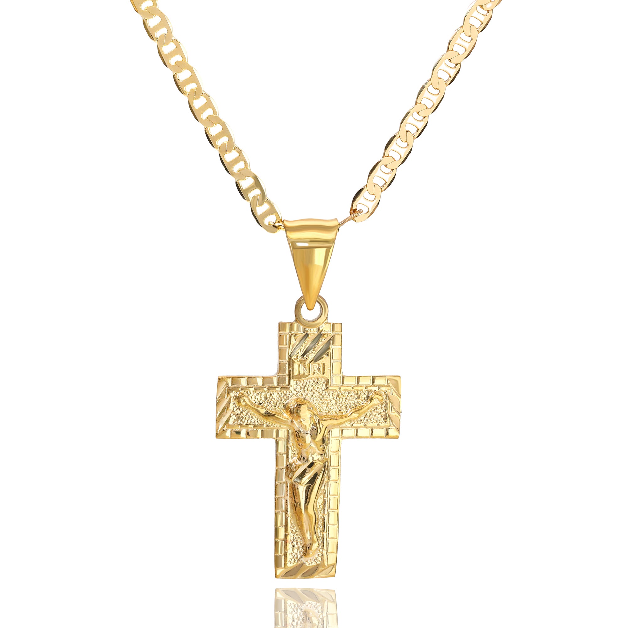 INRI Jesus Cross Pendant Mariner Chain 20" Gold Plated