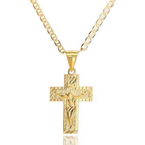 INRI Jesus Cross Pendant Mariner Chain 20" Gold Plated