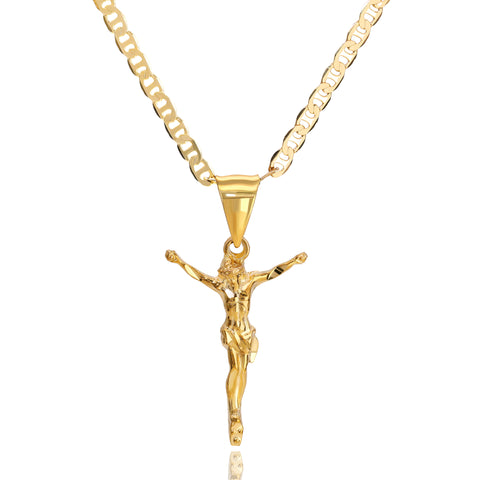 Jesus Crucifix Pendant Mariner Chain 20" Gold Plated