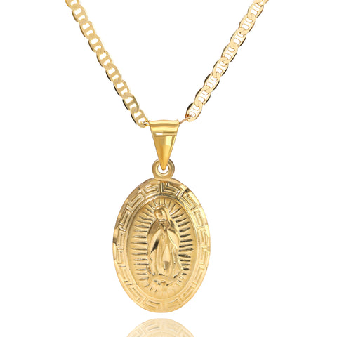 Oval Virgin Mary Pendant Mariner Chain 20" Gold Plated 1