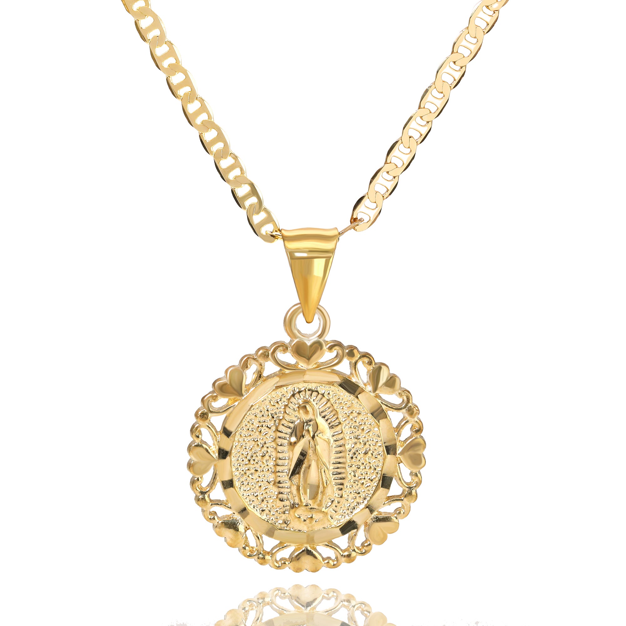 Round Virgin Heart Pendant Mariner Chain 20" Gold Plated