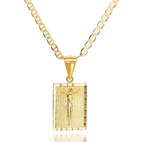 Jesus Block Pendant Mariner Chain 20" Gold Plated