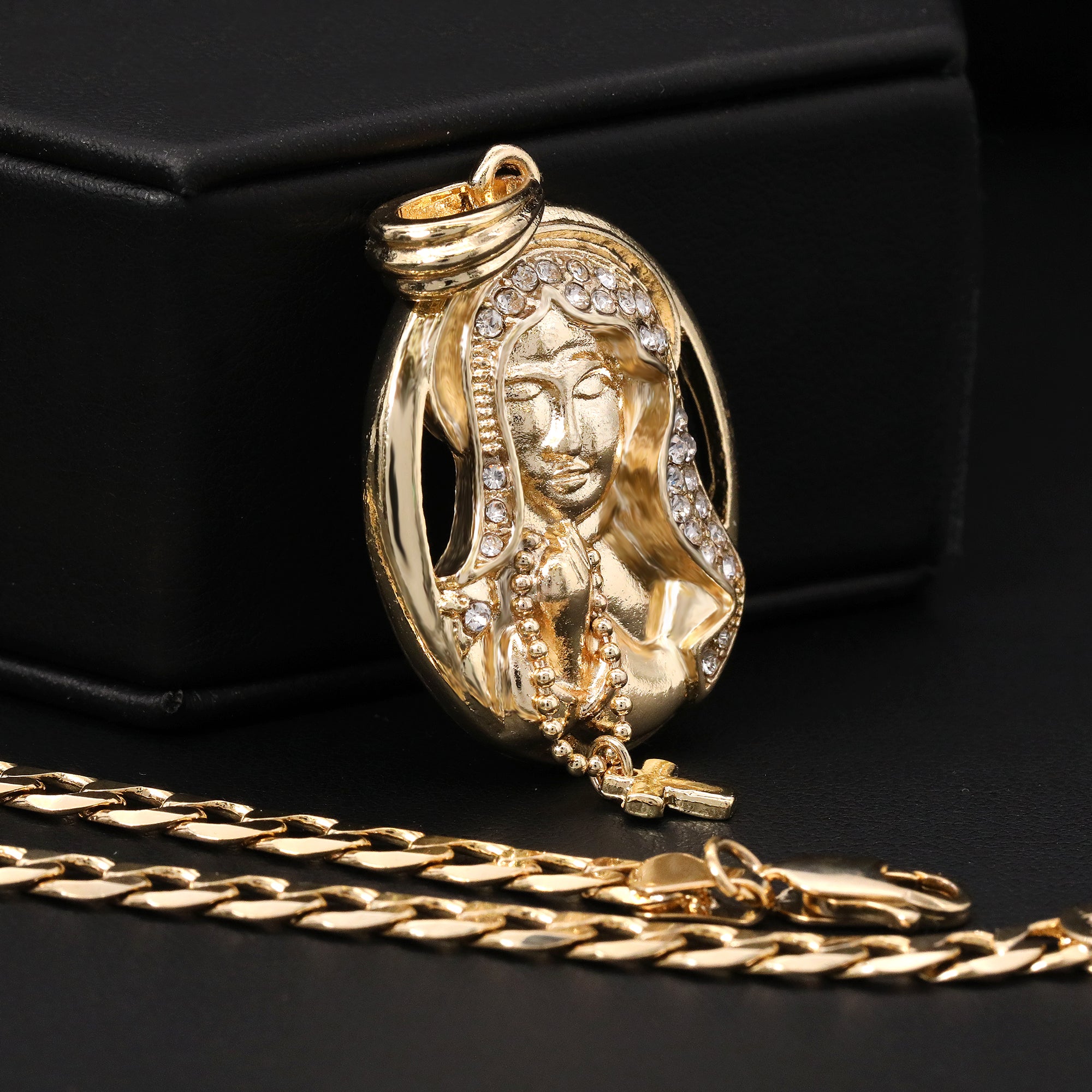 Catholic Oval Cross Guadalupe Pendant Cubic-Zirconia Gold Plated 18" Cuban Chain