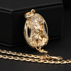 Catholic Oval Cross Guadalupe Pendant Cubic-Zirconia Gold Plated 18" Cuban Chain