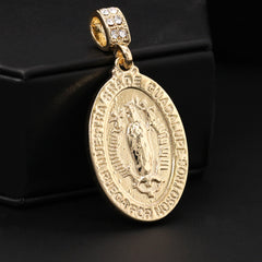 Catholic Engrave Guadalupe Pendant Cubic-Zirconia Gold Plated 18" Cuban Chain