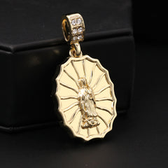 Catholic Oval Web Guadalupe Pendant Cubic-Zirconia Gold Plated 18" Cuban Chain