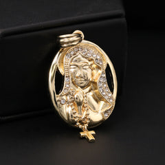 Catholic Oval Cross Guadalupe Pendant Cubic-Zirconia Gold Plated 18" Cuban Chain