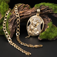 Catholic Oval Cross Guadalupe Pendant Cubic-Zirconia Gold Plated 18" Cuban Chain