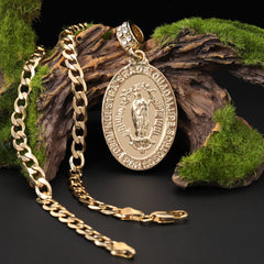 Catholic Engrave Guadalupe Pendant Cubic-Zirconia Gold Plated 18" Cuban Chain
