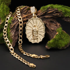 Catholic Oval Web Guadalupe Pendant Cubic-Zirconia Gold Plated 18" Cuban Chain