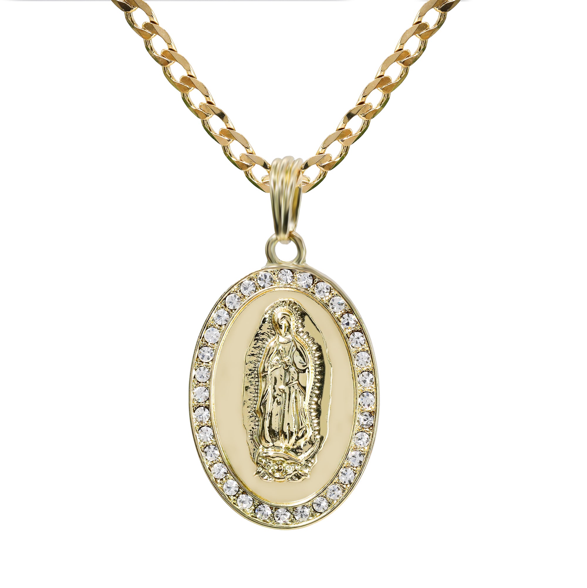 Catholic Oval Plain Guadalupe Pendant Cubic-Zirconia Gold Plated 18" Cuban Chain