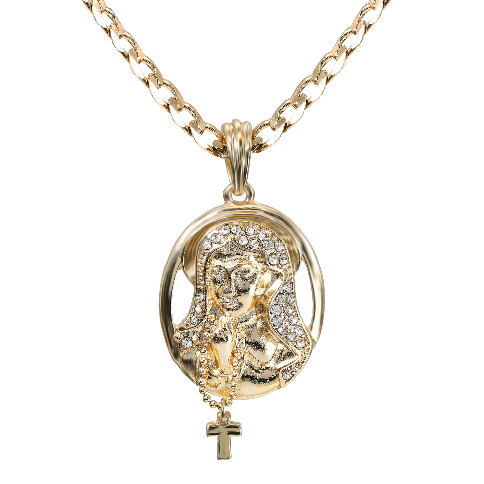 Catholic Oval Cross Guadalupe Pendant Cubic-Zirconia Gold Plated 18" Cuban Chain