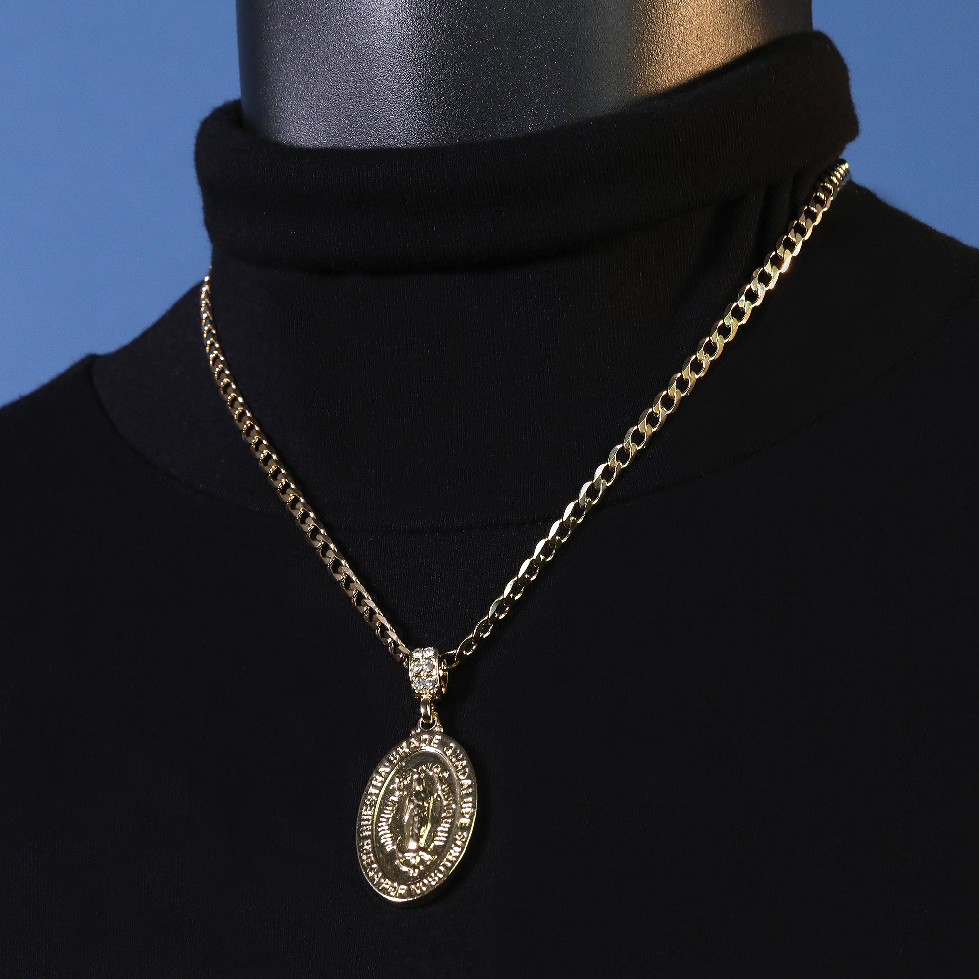 Catholic Engrave Guadalupe Pendant Cubic-Zirconia Gold Plated 18" Cuban Chain