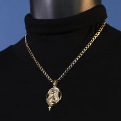 Catholic Oval Cross Guadalupe Pendant Cubic-Zirconia Gold Plated 18" Cuban Chain