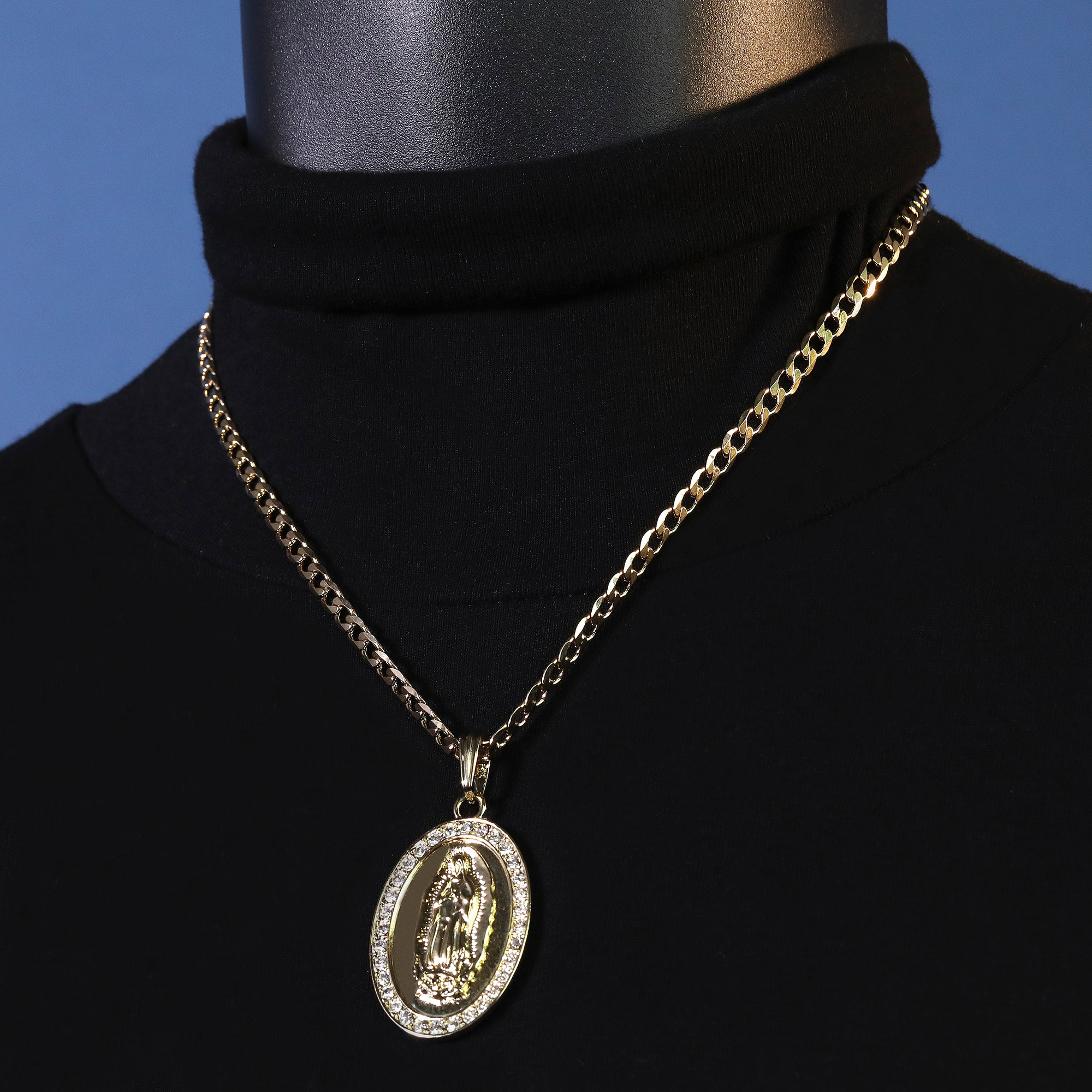 Catholic Oval Plain Guadalupe Pendant Cubic-Zirconia Gold Plated 18" Cuban Chain
