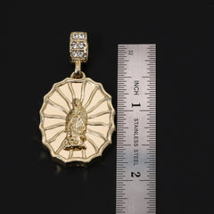 Catholic Oval Web Guadalupe Pendant Cubic-Zirconia Gold Plated 18" Cuban Chain