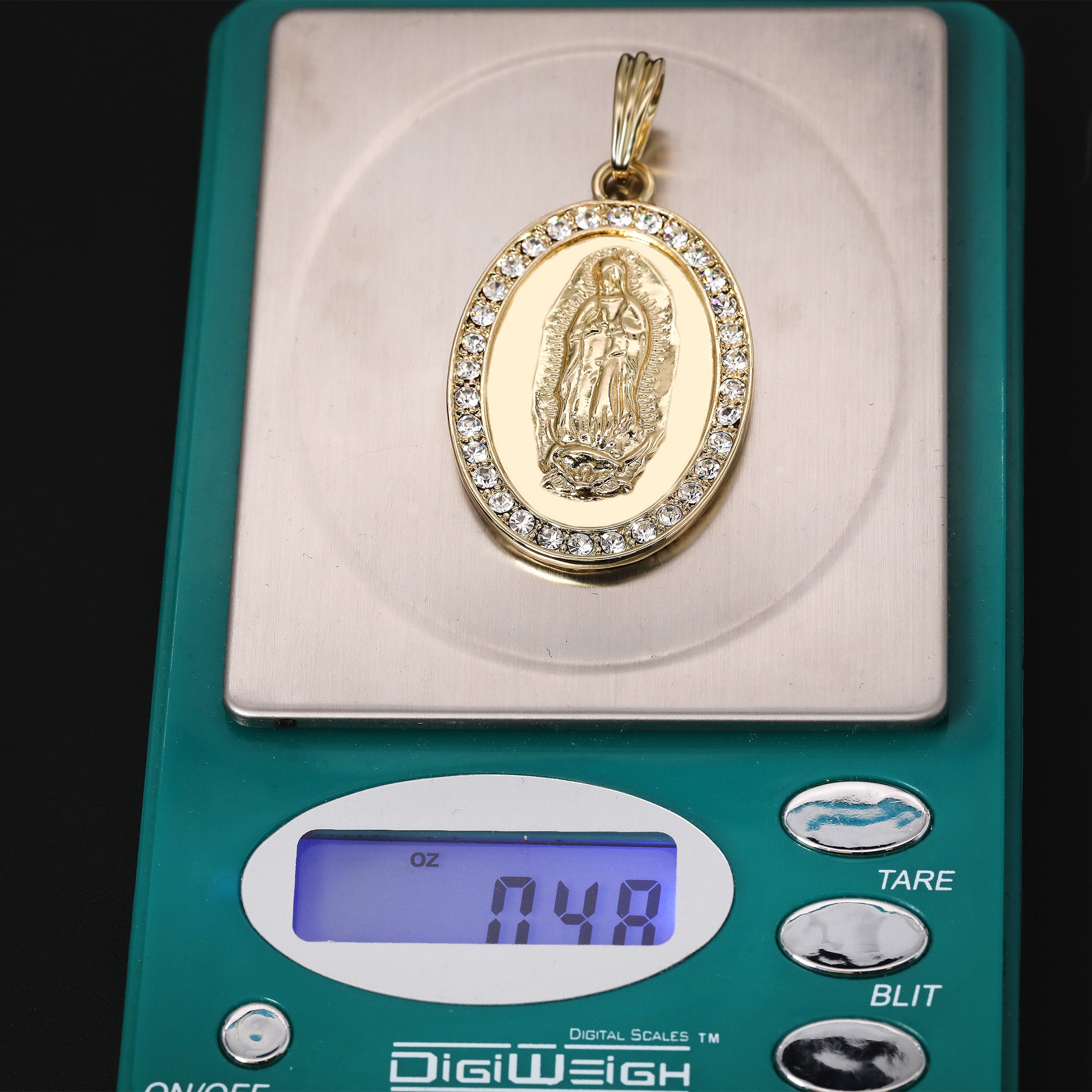 Catholic Oval Plain Guadalupe Pendant Cubic-Zirconia Gold Plated 18" Cuban Chain