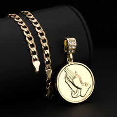 Round Plain Prayer Hands Pendant Cubic-Zirconia Gold Plated 18" Cuban Chain