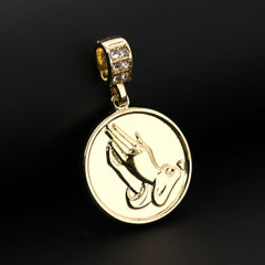 Round Plain Prayer Hands Pendant Cubic-Zirconia Gold Plated 18" Cuban Chain