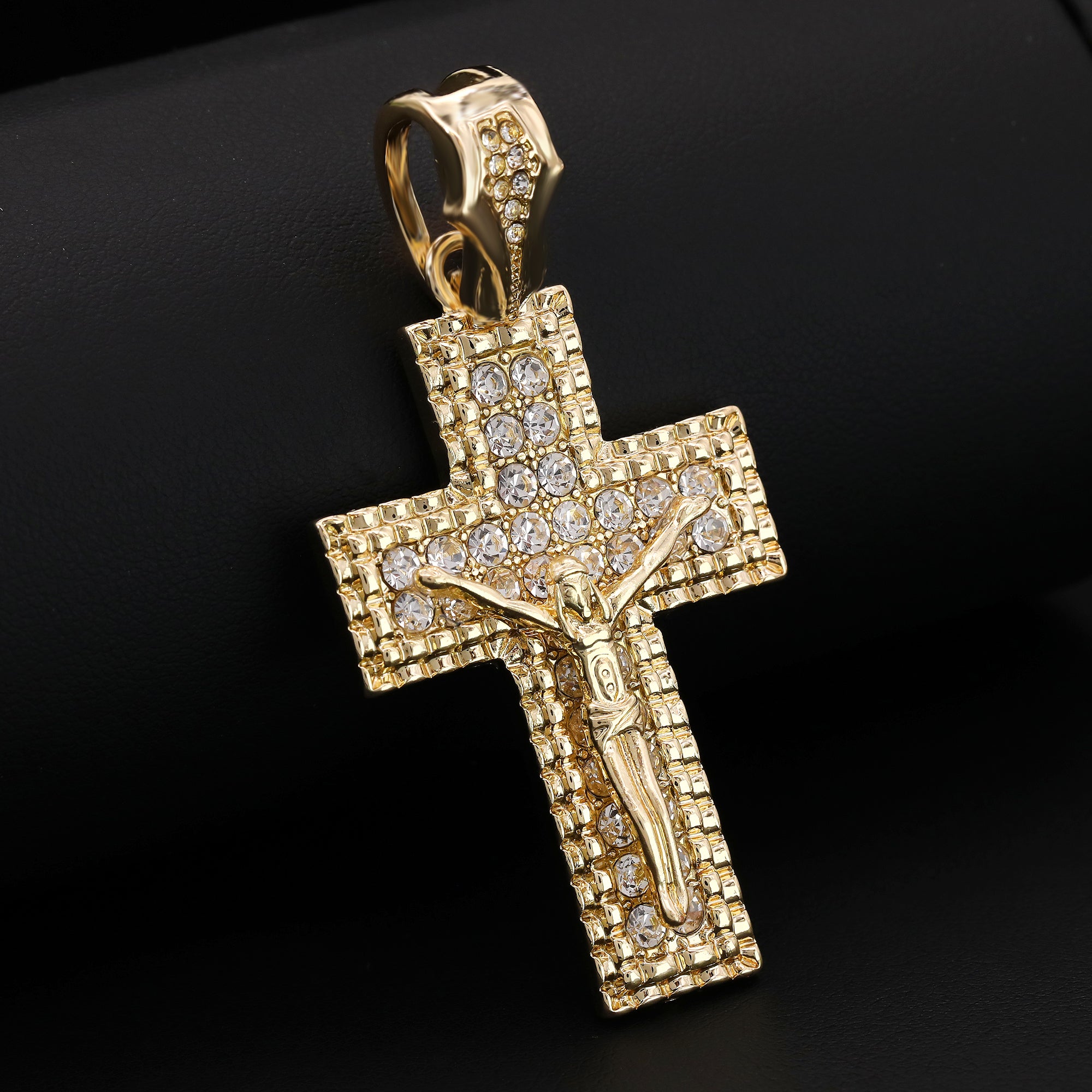 2 Row M1 Jesus Cross Pendant Cubic-Zirconia Gold Plated 18" Cuban Chain
