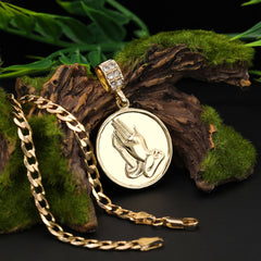 Round Plain Prayer Hands Pendant Cubic-Zirconia Gold Plated 18" Cuban Chain