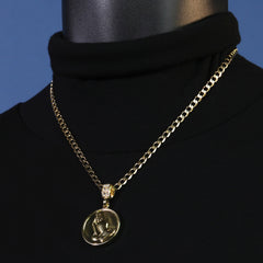 Round Plain Prayer Hands Pendant Cubic-Zirconia Gold Plated 18" Cuban Chain
