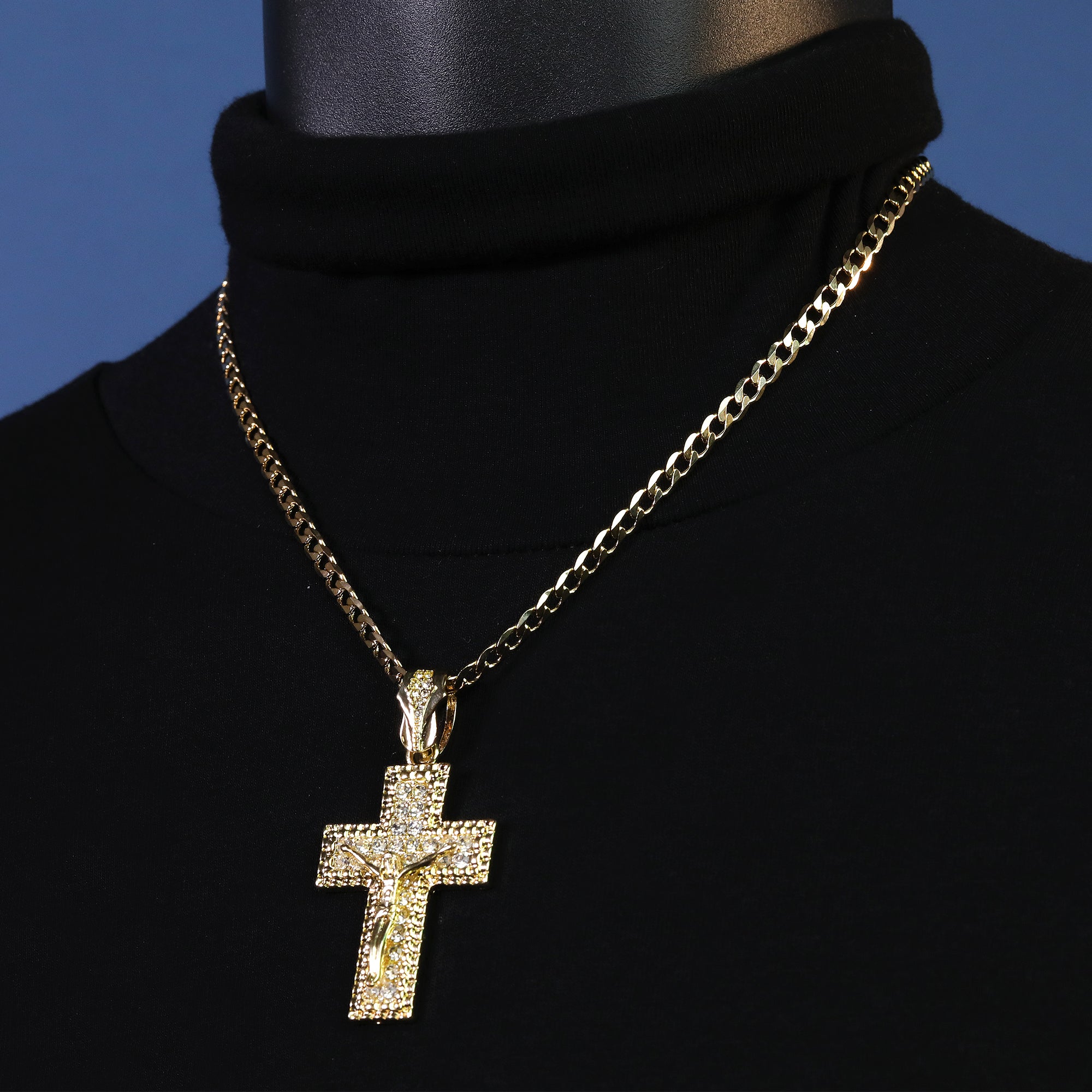 2 Row M1 Jesus Cross Pendant Cubic-Zirconia Gold Plated 18" Cuban Chain