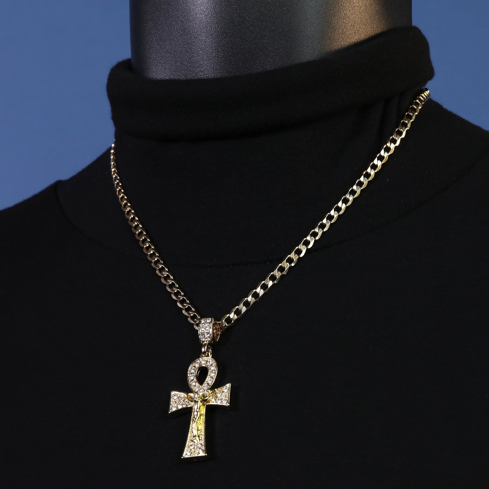 Thick Ankh Jesus Cross Pendant Cubic-Zirconia Gold Plated 18" Cuban Chain