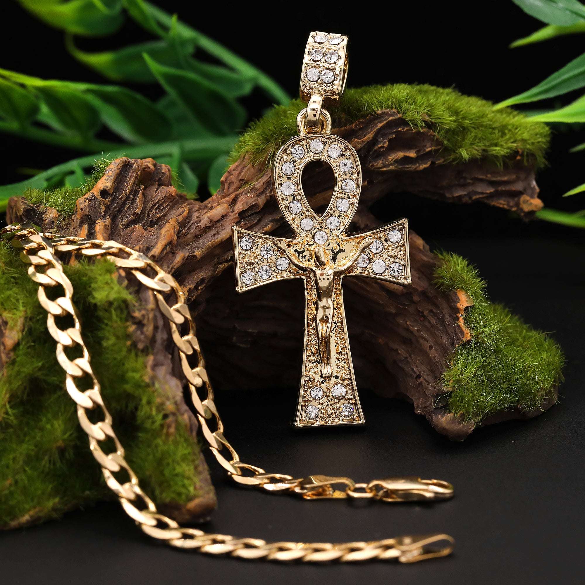 Thick Ankh Jesus Cross Pendant Cubic-Zirconia Gold Plated 18" Cuban Chain
