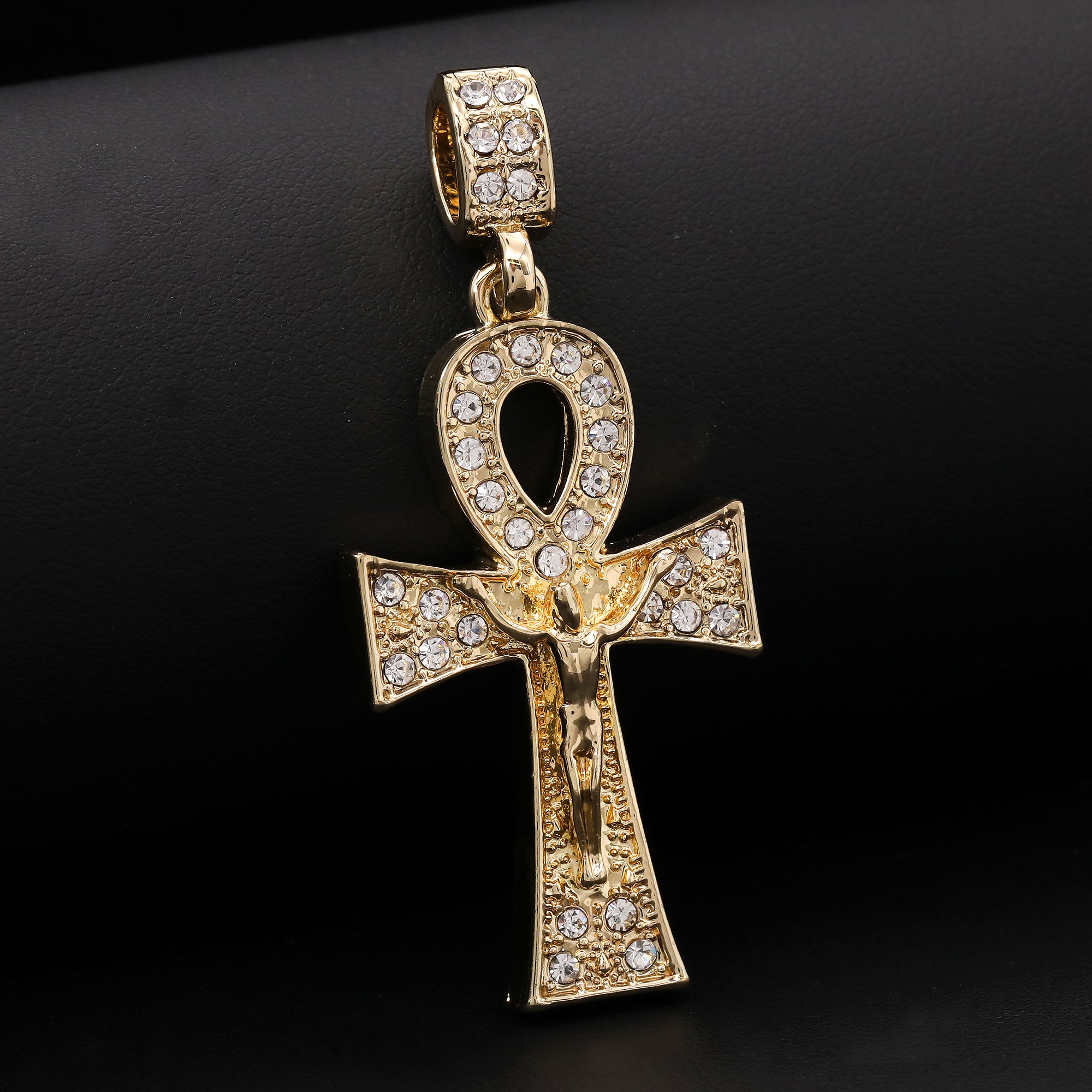 Thick Ankh Jesus Cross Pendant Cubic-Zirconia Gold Plated 18" Cuban Chain