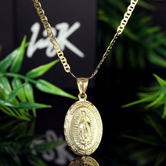 Oval Virgin Mary Pendant Mariner Chain 20" Gold Plated 1